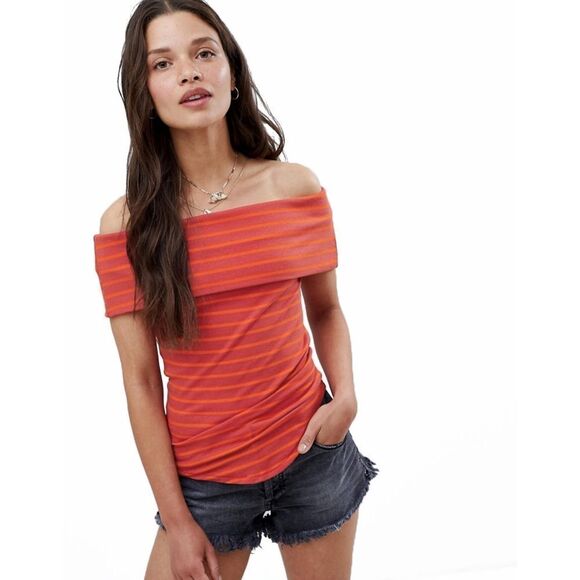 New! FREE PEOPLE Melbourne Striped Off-shoulder Top Blouse Tee Size Small - Picture 1 of 7